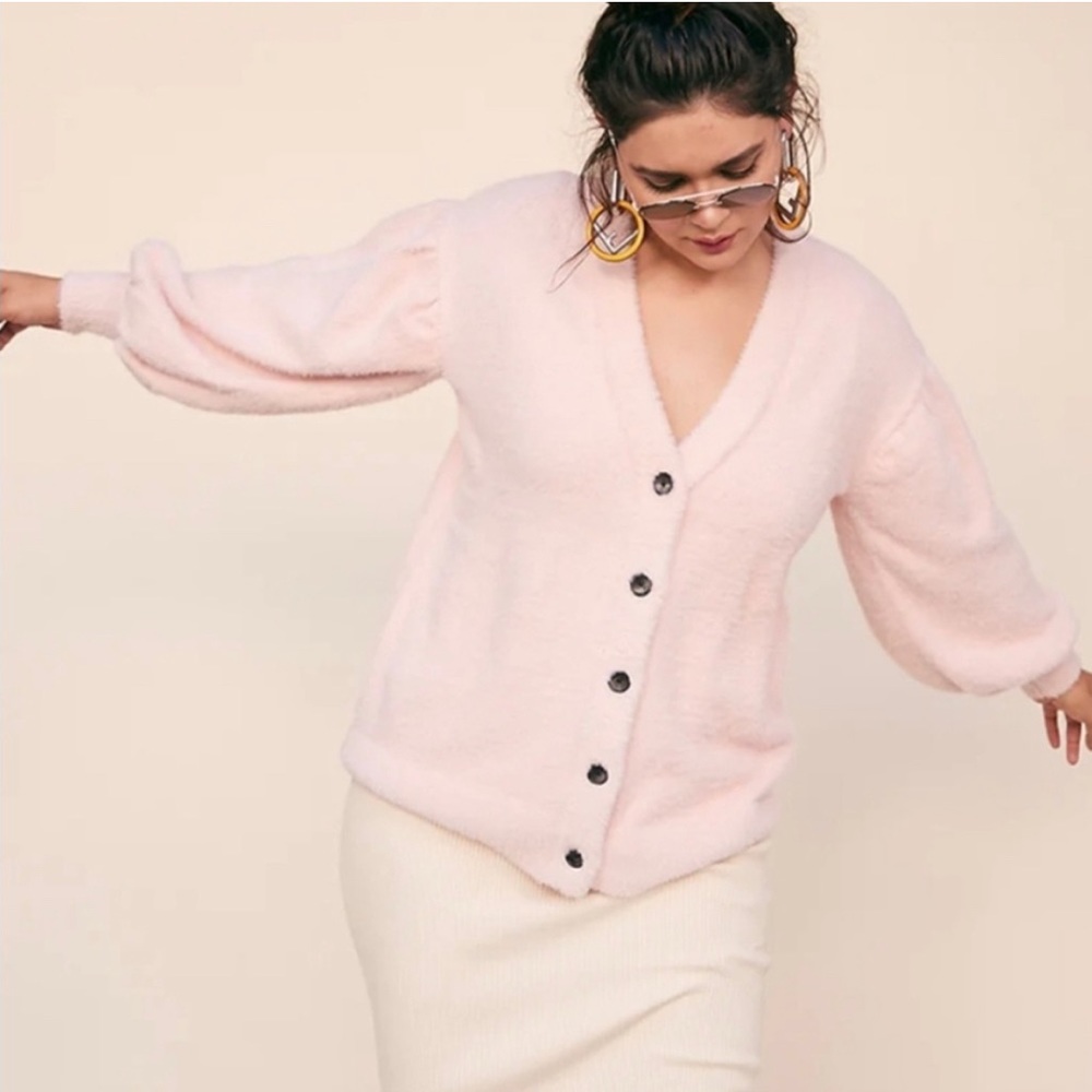 LPA Revolve Pink Fuzzy Balloon Sleeve Mercy V Neck Cardigan Oversized Medium